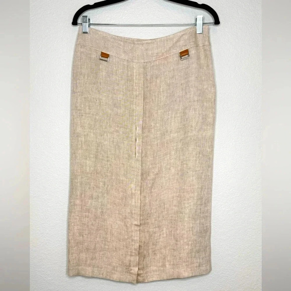 Adrienne Vitadini Italian Linen Midi Skirt‎ w/ Front Slit Size 6 Beige - Picture 1 of 10